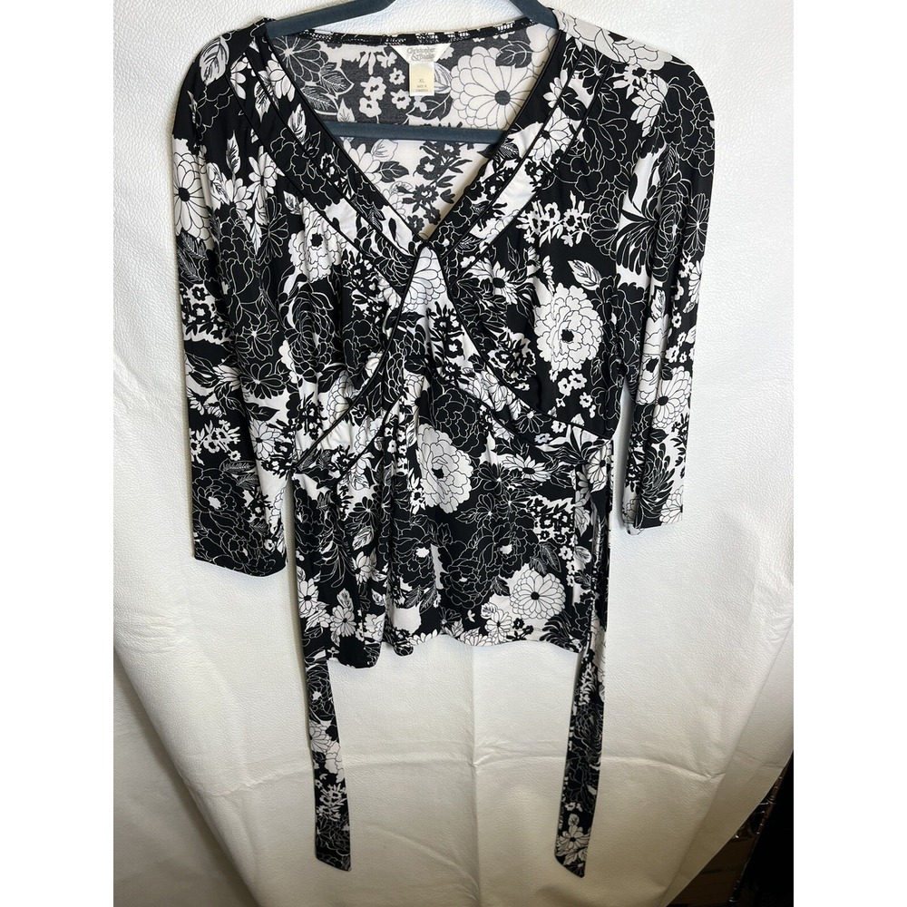 Christopher & Banks WomensTop Size L White Gray Black Tiny Rhinestones Long Slee